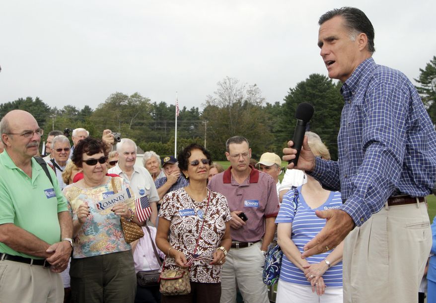Republican presidential candidate and former Massachusetts Gov. Mitt Romney speaks to a crowd during a Labor Day pancake breakfast on Sept. 5, 2011 in Manchester, N.H. (Associated Press)