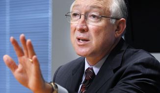 Interior Secretary Ken Salazar gestures during an interview with the Associated Press on Sept. 21, 2011, in Washington. (Associated Press)