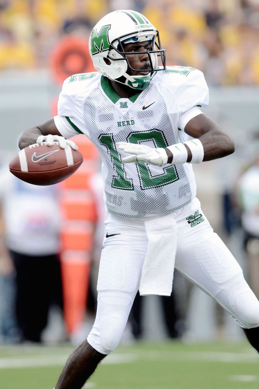 Marshall freshman QB Rakeem Cato figures to have a rough day against Virginia Tech's defense. (AP Photo/Jeff Gentner)