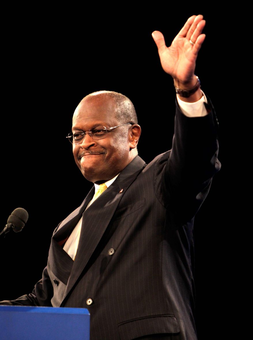 Republican presidential candidate Herman Cain trounced GOP front-runners Rick Perry and Mitt Romney in a weekend poll of 2,657 delegates at the Conservative Political Action Conference in Florida. (Associated Press)