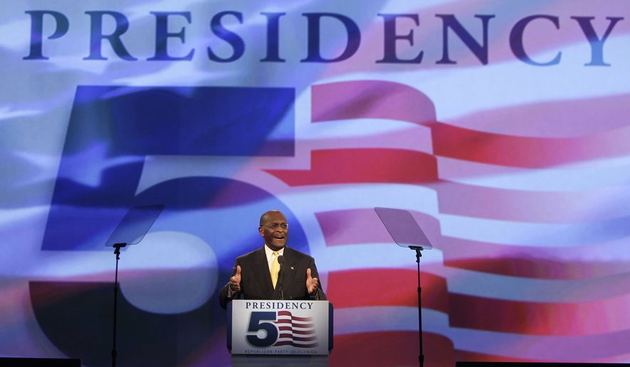 GOP presidential candidate Herman Cain speaks to delegates before a straw poll during the Florida Republican Party Presidency 5 Convention on Saturday, Sept. 24, 2011, in Orlando, Fla. (AP Photo/John Raoux)