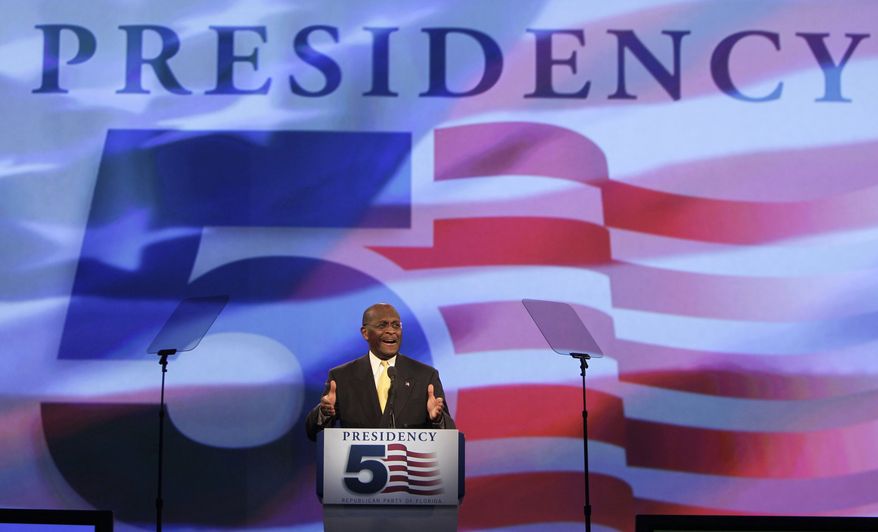 GOP presidential candidate Herman Cain speaks to delegates before a straw poll during the Florida Republican Party Presidency 5 Convention on Saturday, Sept. 24, 2011, in Orlando, Fla. (AP Photo/John Raoux)