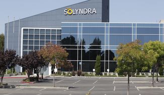 **FILE** The empty parking lot of bankrupt solar energy company Solyndra is seen in Fremont, Calif., on Sept. 16, 2011. (Associated Press)