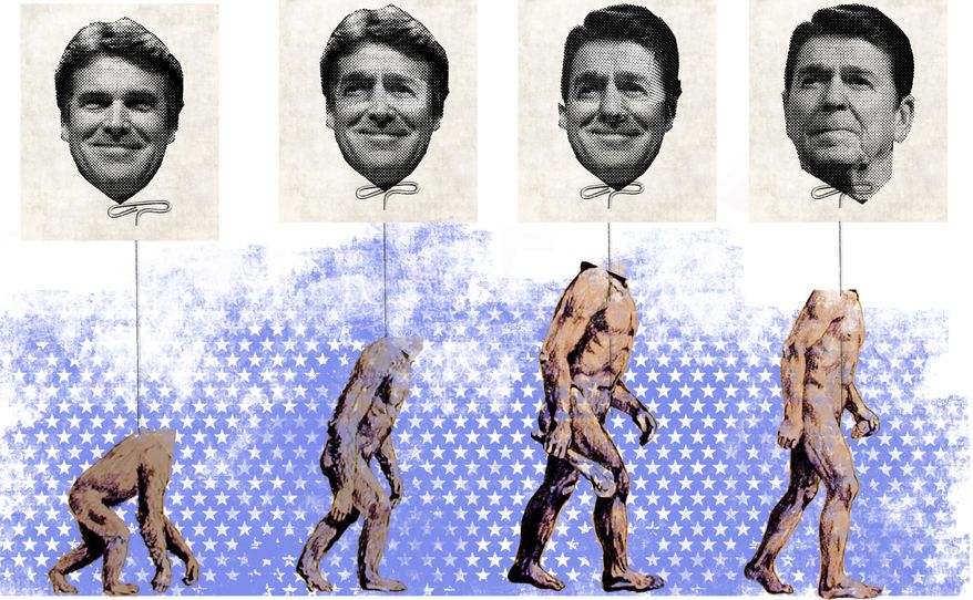 Illustration: Perry's evolution by Linas Garsys for The Washington Times