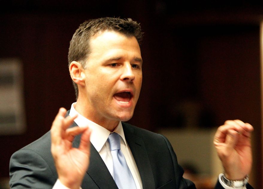 Deputy Dist. Atty. David Walgren gives his opening argument in the involuntary manslaughter trial of Conrad Murray at Superior Court in Los Angeles. (AP Photo/Al Seib, Pool)