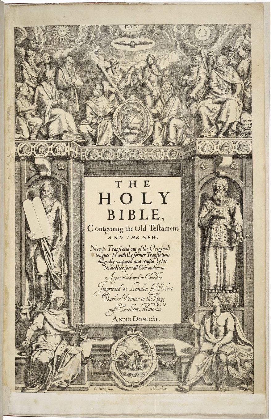 The 1611 King James Bible is the subject of "Manifold Greatness," a new exhibit at the Folger Shakespeare Library. Seen here is the title page. Translation began in 1604 at the order of England's King James I. (Folger Shakespeare Library)