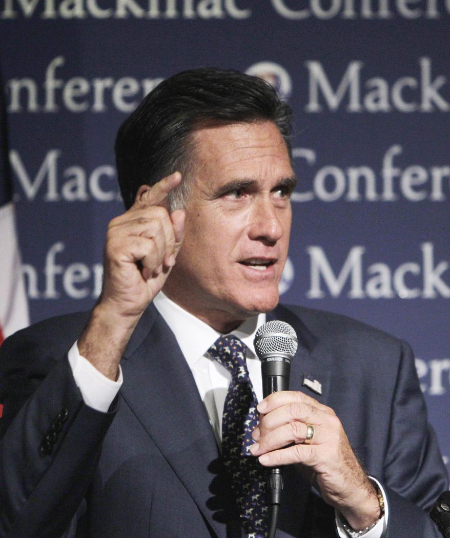**FILE** Republican presidential candidate and former Massachusetts Gov. Mitt Romney addresses the Republican Leadership Conference in Mackinac Island, Mich., on Sept. 24, 2011. (Associated Press)