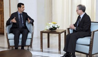 ** FILE ** Syrian President Bashar Assad (left) meets with Robert Ford, the new U.S. ambassador to Syria, in Damascus, Syria, on Thursday, Jan. 27, 2011. (AP Photo/Syrian Arab News Agency)