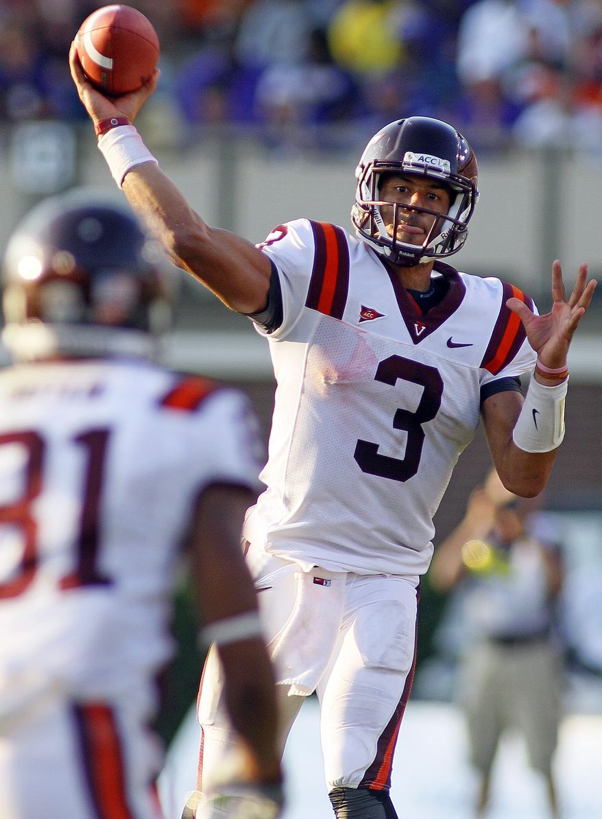Virginia Tech's Logan Thomas knows that Saturday night's game against Clemson could turn into a shootout, but the offense must take advantage of its chances to make it so. Thomas has four touchdowns and four interceptions on 761 yards in the air. He also has 174 yards and a touchdown on the ground. (AP Photo/Karl DeBlaker)