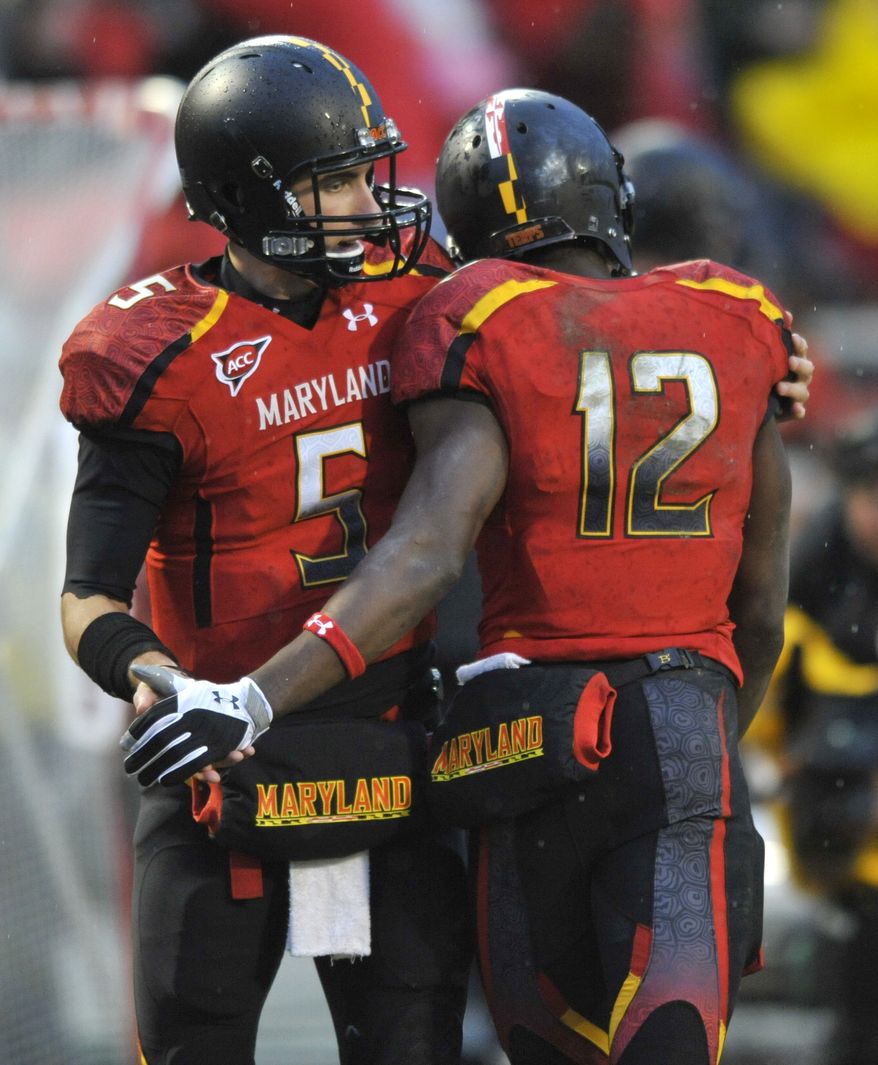 Maryland wide receiver Kevin Dorsey (right) suffered a midseason injury and missed two games, but was a very reliable option this year, amassing 485 yards, two touchdowns and 42 catches. (AP Photo/Gail Burton)