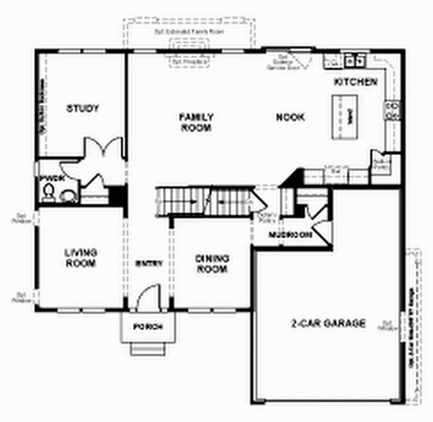 The Daniela model includes a two-story family room open to the breakfast area and center-island kitchen. This level also has a study, a formal living room and a formal dining room. Upstairs are four bedrooms, two full baths and a laundry room.