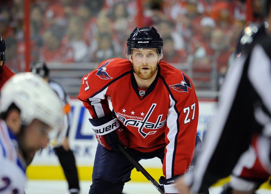 Capitals defenseman Karl Alzner looks on during Game 5 of a first-round playoff series against the Rangers on April 23. (Associated Press)