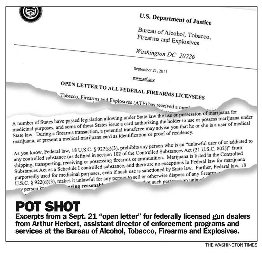 ATF is under fire for a memo prohibiting gun merchants from selling firearms to anyone who uses medical marijuana. (The Washington Times)