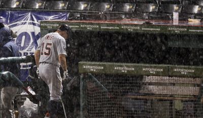 Detroit Tigers third baseman Brandon Inge goes into the dugout during rain delay at Game 1 ALCS against the Texas Rangers. Sunday's game has been postponed because of rain. (AP Photo/Eric Gay)