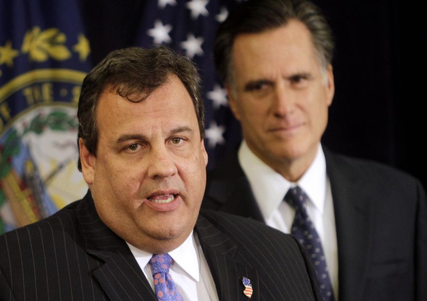 New Jersey Gov. Chris Christie (left) endorses former Massachusetts Gov. Mitt Romney (right) for the GOP presidential nomination on Oct. 11, 2011, during a news conference in Lebanon, N.H. (Associated Press)