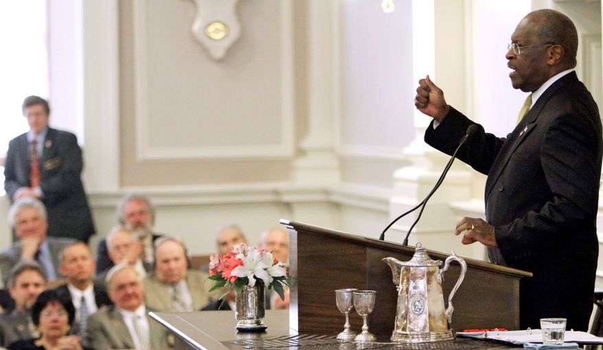 Republican presidential candidate Herman Cain addresses New Hampshire state lawmakers at the Statehouse in Concord, N.H., on Wednesday. Mr. Cain is surging in Republican presidential-preference polls. (Associated Press)