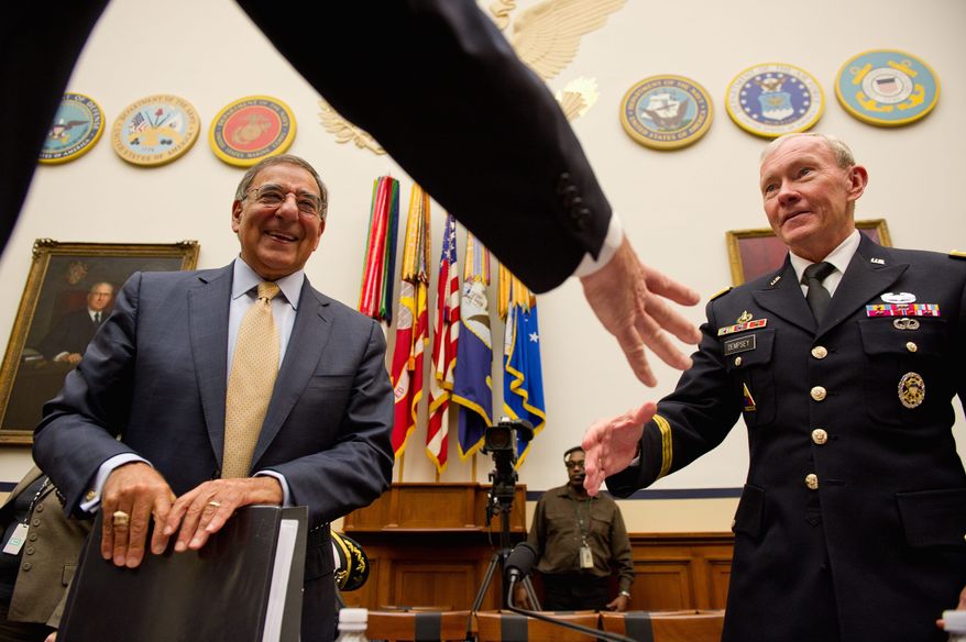 Secretary of Defense Leon E. Panetta and Chairman of the Joint Chiefs of Staff Gen. Martin E. Dempsey, in testifying to a House defense panel Thursday, voice their concerns about mandatory military cuts that may result from deficit-reduction problems. (Andrew Harnik/The Washington Times)
