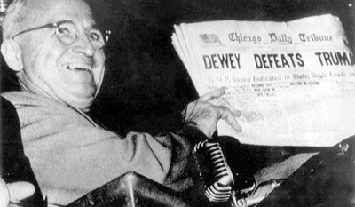 In 1948, Harry S. Truman displayed a copy of the Chicago Tribune that incorrectly reported he had lost the presidential election to Thomas E. Dewey. Truman ultimately won re-election while running against a do-nothing Congress. (Associated Press)
