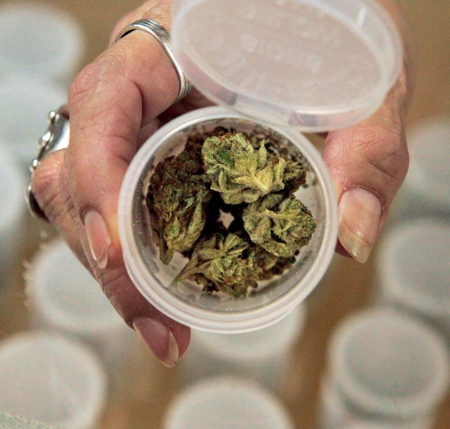 Yamileth Bolanos, who runs Pure Life Alternative Wellness Center, holds a vial of marijuana, known as Jupiter Kush, at her store in Los Angeles. California's largest industry group for doctors is calling for the legalization of marijuana. (Associated Press)