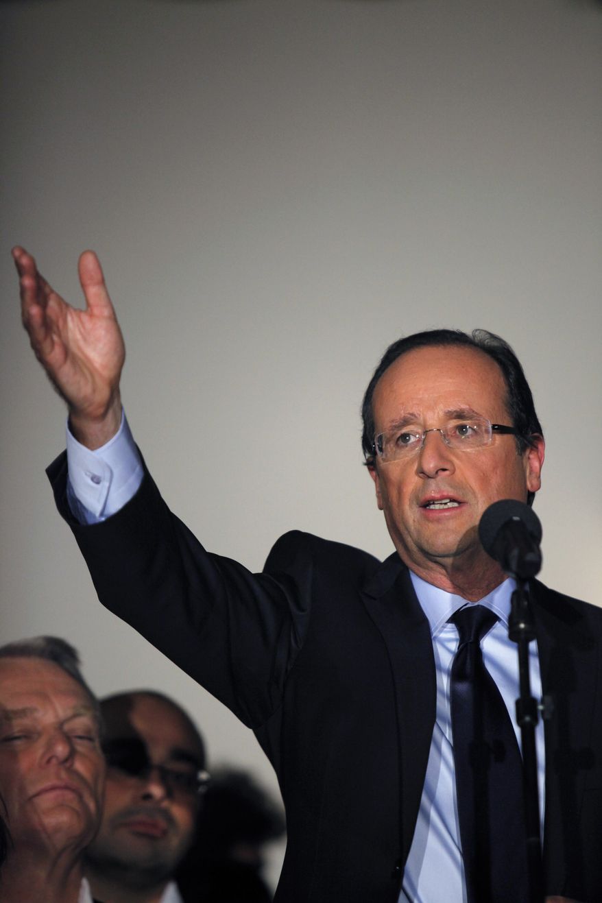 Francois Hollande, who won the vote for the French Socialist Party's presidential candidate, speaks in Paris on Sunday, Oct. 16, 2011. (AP Photo/Thibault Camus)