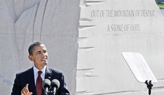 President Obama speaks at the dedication of the Martin Luther King Jr. Memorial on the Mall on Sunday. The president said that King&#x27;s achievements did not come easily or swiftly, but added that the civil rights leader persevered and prevailed. (Associated Press)