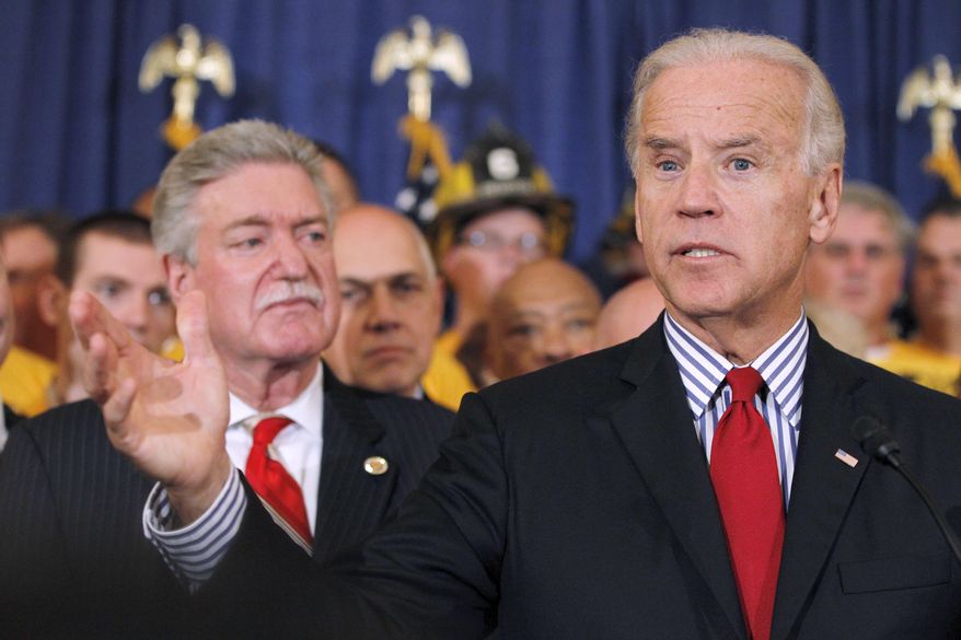 Vice President Joseph R. Biden Jr. (right) speaks Oct. 19, 2011, during a news conference urging the passage of the Teachers and First Responders Back to Work Act on Capitol Hill. (Associated Press)