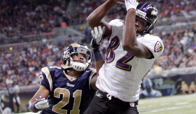 Baltimore rookie Torrey Smith broke out during a 37-7 win over St. Louis on Sept. 25, catching five passes for 152 yards and three touchdowns. (Associated Press)