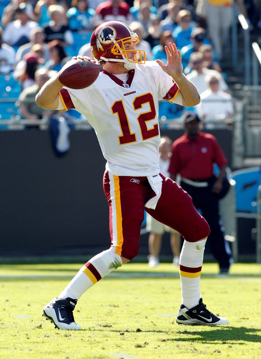 Washington Redskins' John Beck threw for 279 yards, a touchdown and an interception in the loss against the Carolina Panthers. He also rushed for a score. (AP Photo/Bob Leverone)