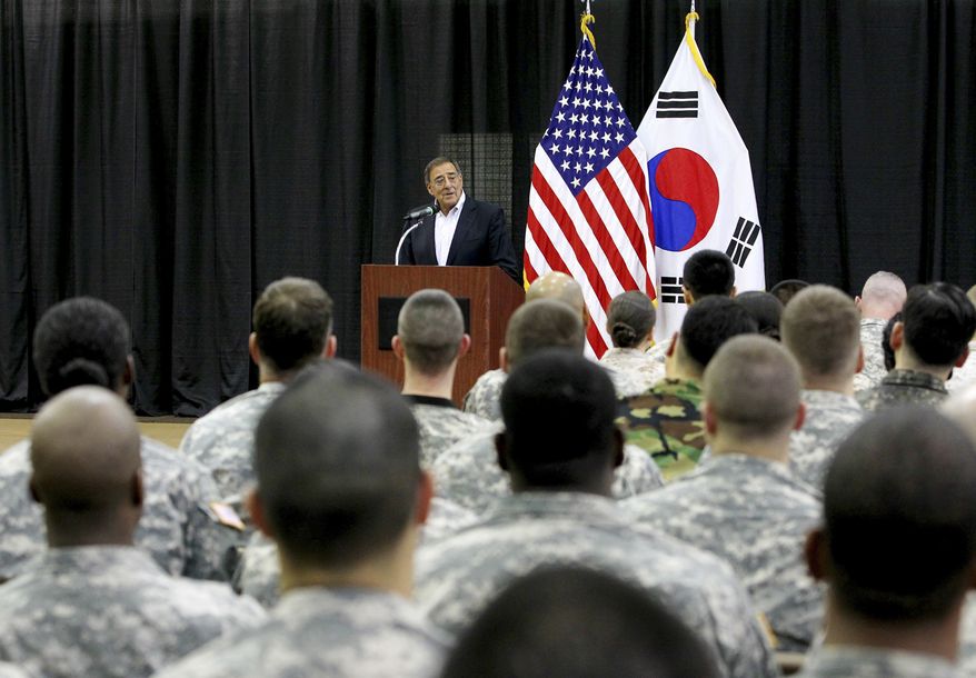 U.S. Secretary of Defense Leon E. Panetta speaks to U.S. military personnel at the Yongsan military base in Seoul on Wednesday, Oct. 26, 2011. (AP Photo/Korea Pool)