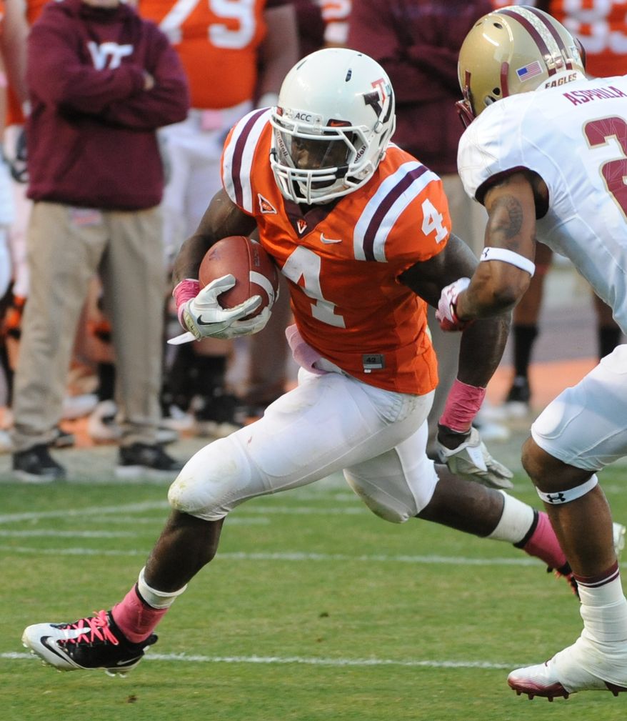 Virginia Tech running back David Wilson has rushed for 1,037 yards and seven touchdowns. He's also added 96 yards receiving and a score. (AP Photo/Don Petersen)