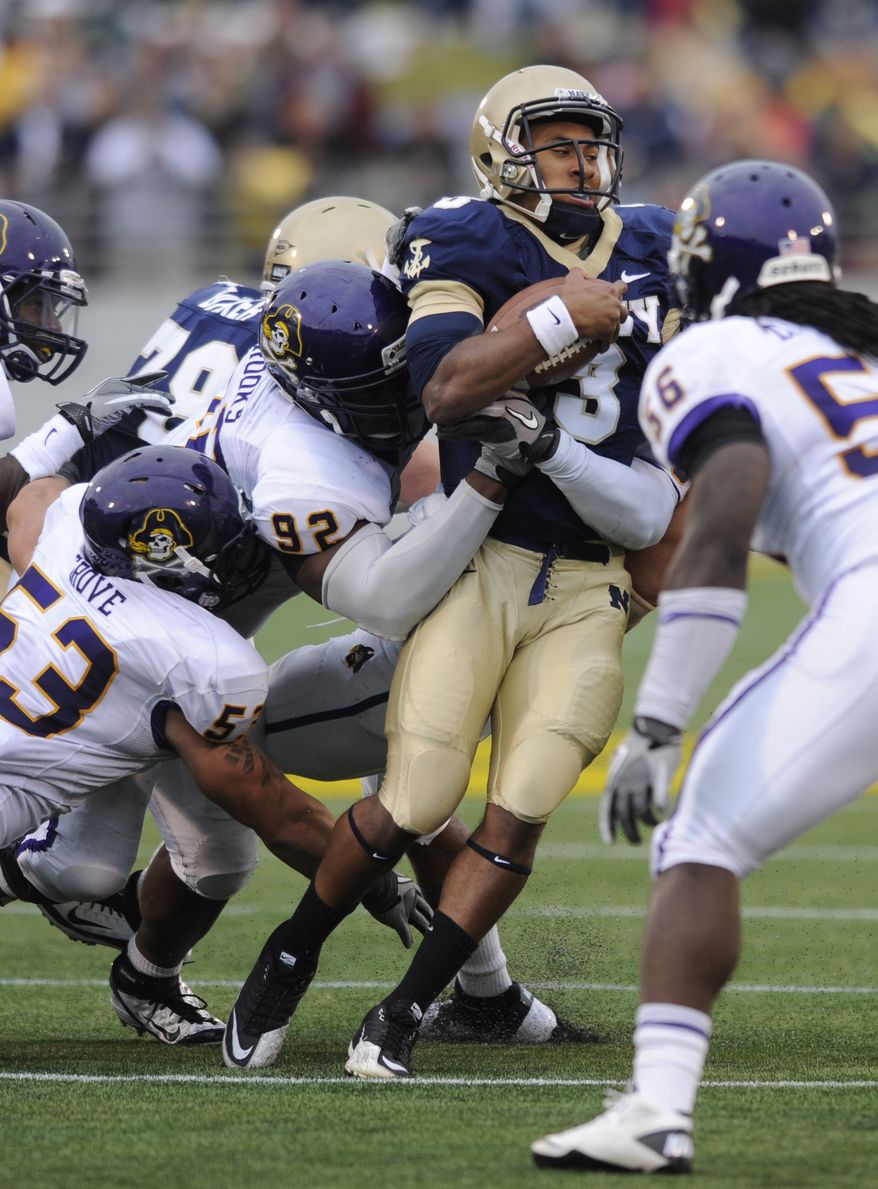 Navy's quarterback Trey Miller will get the start against Notre Dame on Saturday. He's completed 7 of 14 passes on the year, for two touchdowns. (AP Photo/Gail Burton)