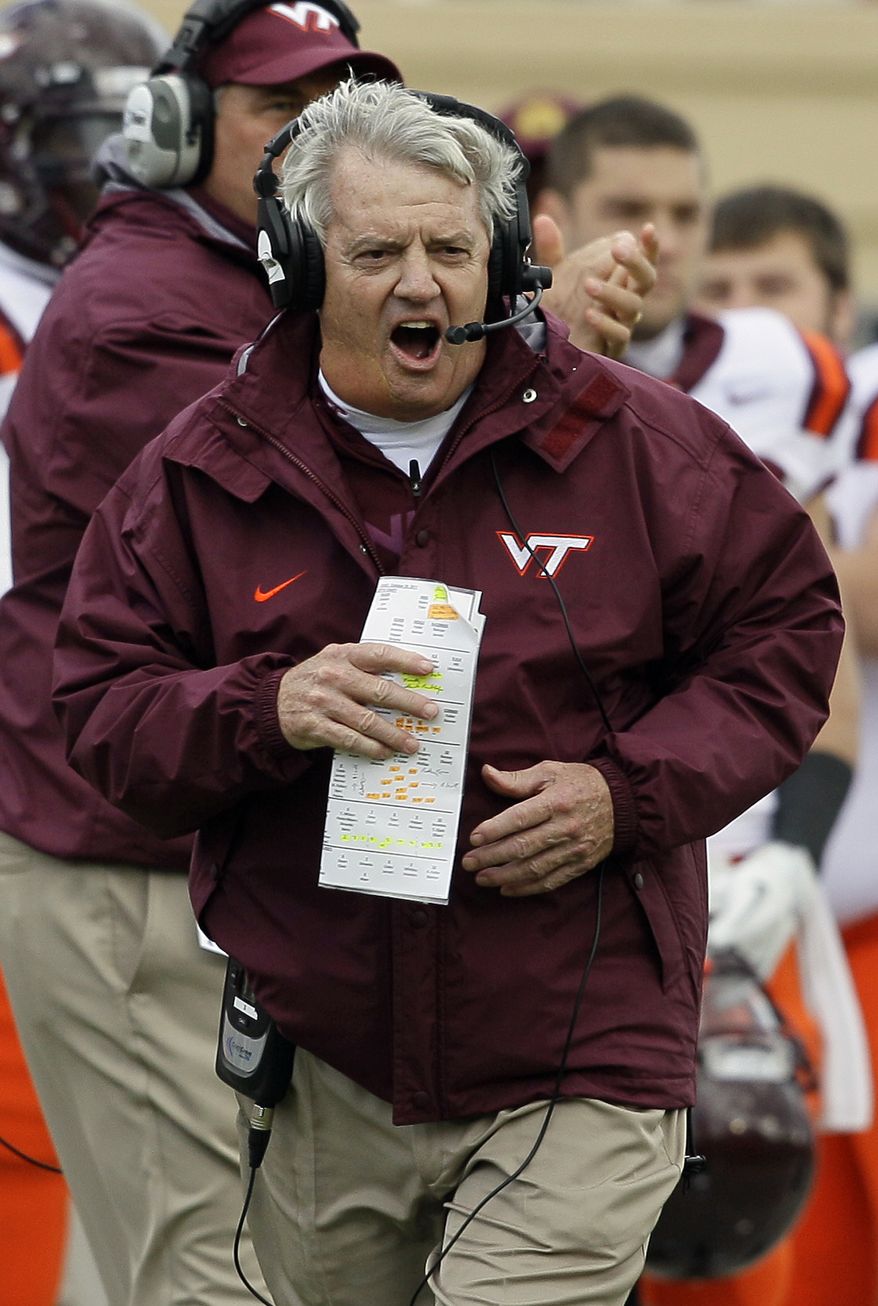 Virginia Tech coach Frank Beamer reacts during the second half against Duke in Durham, N.C., Saturday, Oct. 29, 2011. Virginia Tech won 14-10. (AP Photo/Gerry Broome)