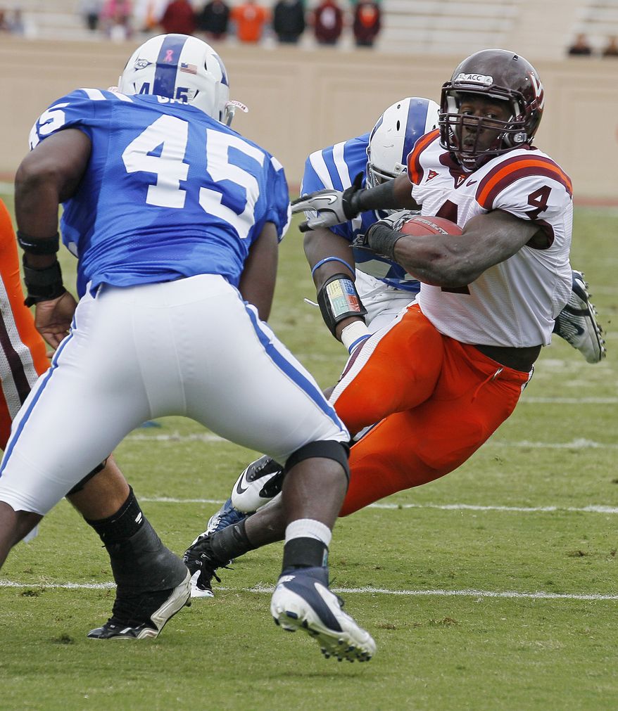 Virginia Tech's David Wilson ran for 148 yards on 23 carries in Tech's 14-10 win over Duke on Saturday. (AP Photo/Gerry Broome)