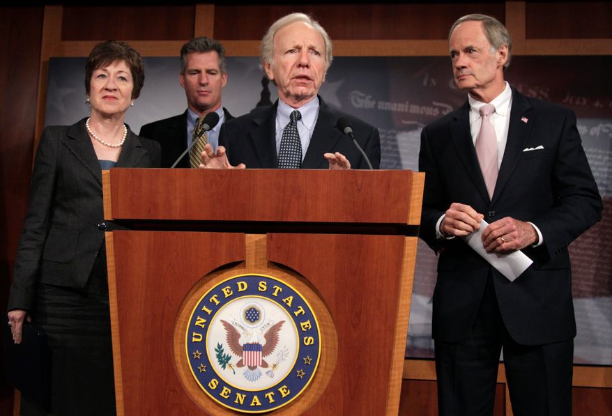 A bipartisan group of senators including (from the left) Susan M. Collins, Scott Brown, Joe Lieberman and Thomas R. Carper explain their bill to provide savings for the U.S. Postal Service, which would be used for employee buyouts, and delay for two years the proposed elimination of home delivery on Saturdays. (Associated Press) 