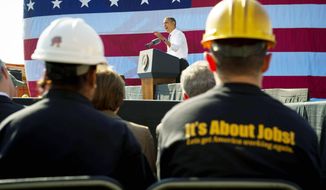 President Obama implores Congress to pass the infrastructure part of the American Jobs Act as he speaks on  Wednesday, Nov. 2, 2011, to a Washington audience that includes ironworkers and steamfitters at Georgetown Waterfront Park. (Rod Lamkey Jr./The Washington Times)