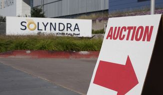 **FILE** An auction sign is shown outside the Fremont, Calif., headquarters for bankrupt solar company Solyndra headquarters on Oct. 31, 2011, before the auction on the following day. Solyndra received a $500 million loan guarantee from the government before filing for bankruptcy in September. (Associated Press)