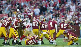 Redskins kicker Graham Gano connects on a team-record 59-yard field goal against the 49ers. The feat was a rare bright spot for a struggling Washington team that fell to 3-5. (Rod Lamkey Jr. / The Washington Times)