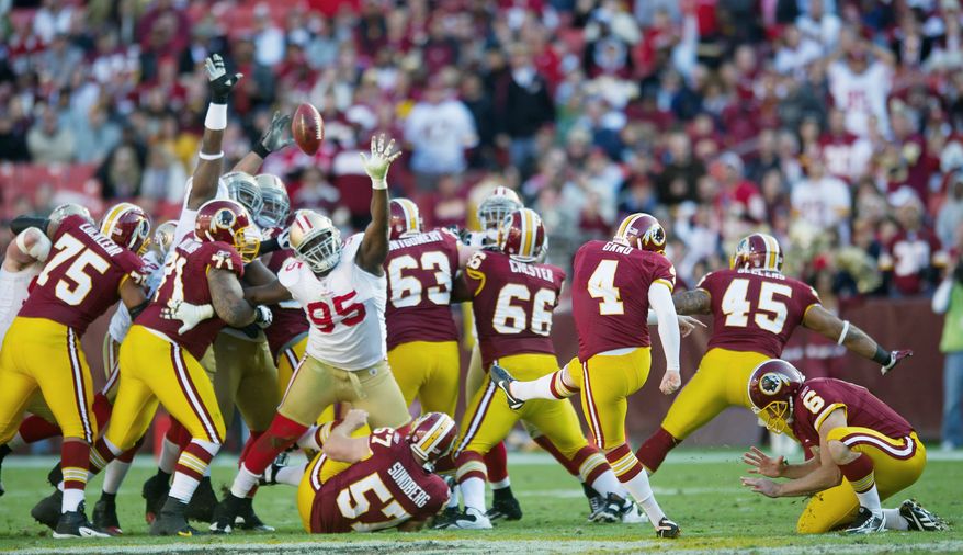 Redskins kicker Graham Gano connects on a team-record 59-yard field goal against the 49ers. The feat was a rare bright spot for a struggling Washington team that fell to 3-5. (Rod Lamkey Jr. / The Washington Times)