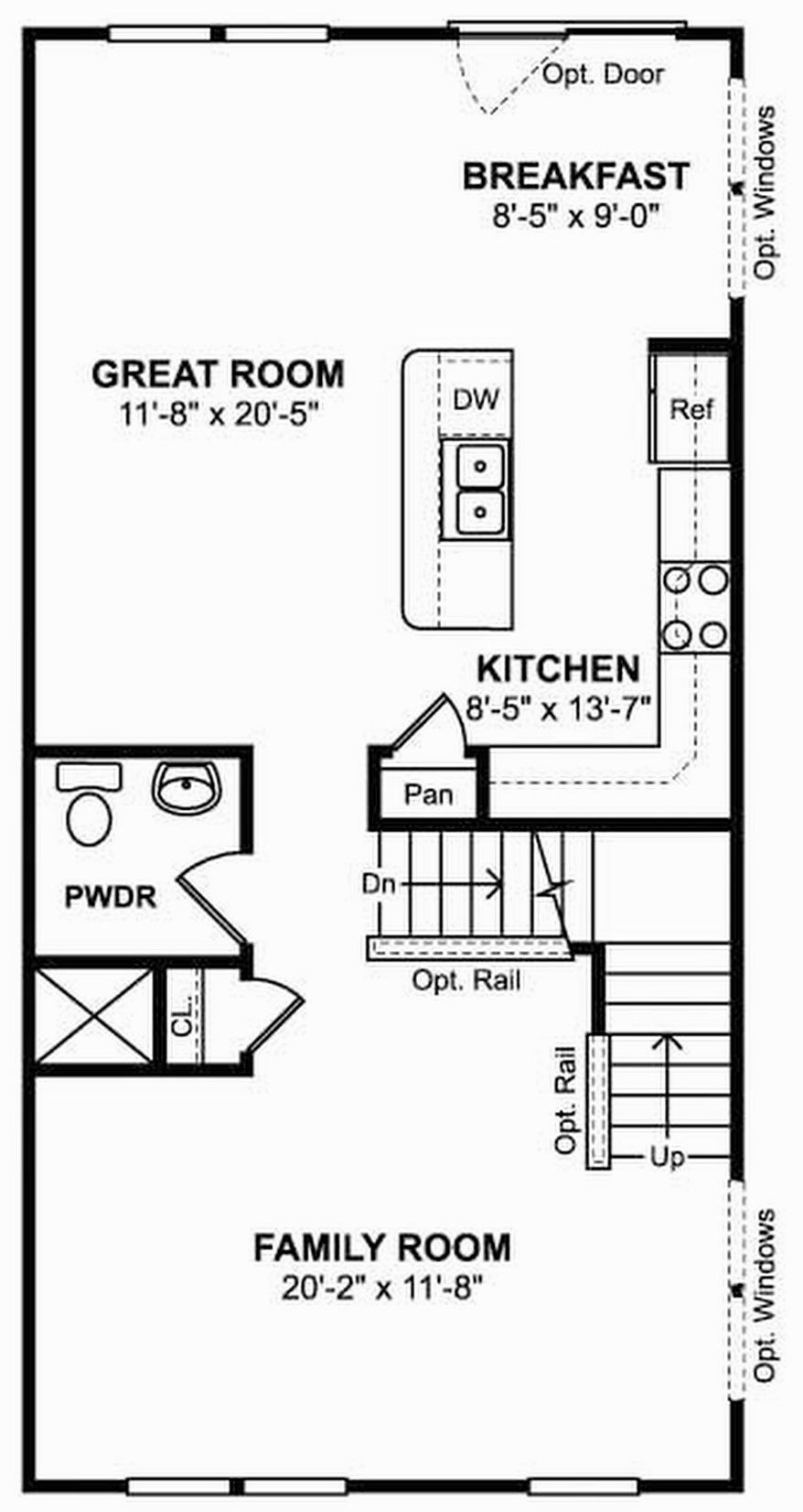 The Pierce II model has a family room, great room and open kitchen and breakfast area on the main level, with a home office on the lower level. Upstairs are three bedrooms, two full baths and a laundry room.