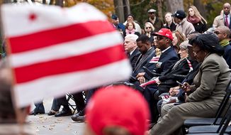 A District of Columbia flag is flown during a rededication ceremony following renovations of the District of Columbia WWI Memorial in Washington, D.C. on Nov. 10, 2011. District leaders spoke out against a plan to rename the memorial to be a national and D.C. memorial, arguing that the District should be allowed to keep their memorial since each state has a dedicated memorial to those residents who served in WWI.(T.J. Kirkpatrick/ The Washington Times)