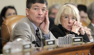 Rep. Jeb Hensarling (left), Texas Republican, and Sen. Patty Murray, Washington Democrat, co-chairs of the Joint Select Committee on Deficit Reduction, sit together as the supercommittee meets on Capitol Hill on Nov. 1, 2011. (Associated Press)**FILE** 