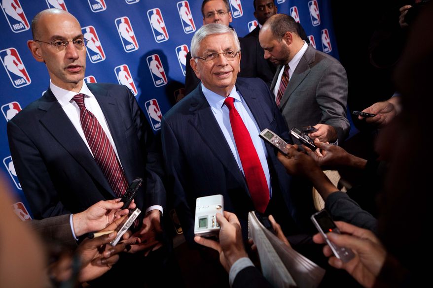 National Basketball Association commissioner David Stern speaks to the news media alongside deputy commissioner Adam Silver after a marathon meeting with the Players Association, Thursday, Nov. 10, 2011, in New York. The league presented the players' association with a new offer Thursday after nearly 11 hours of bargaining, hoping it would be enough to end the lockout. However, union president Derek Fisher said it doesn't address all the necessary system issues that are important to the players. (AP Photo/John Minchillo)