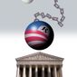 Illustration: Obamacare in court by Alexander Hunter for The Washington Times