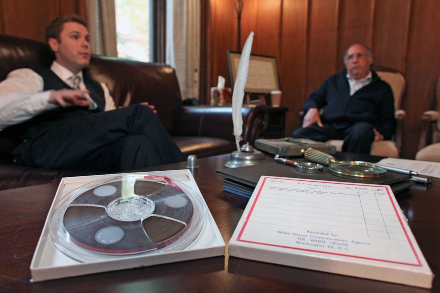 Historic documents dealer Nathan Raab (left) and his father, Steven Raab, talk in Philadelphia about the recently discovered recording involving the John F. Kennedy assassination and the Air Force One flight bringing his body back from Dallas on Nov. 22, 1963. (Associated Press)
