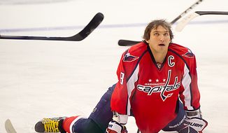 ** FILE ** Alex Ovechkin (8) of the Washington Capitals during the teams win in overtime against the Anaheim Ducks in NHL Hockey at the Verizon Center, Washington, D.C., Tuesday, Nov. 1,  2011. (Andrew Harnik/The Washington Times)