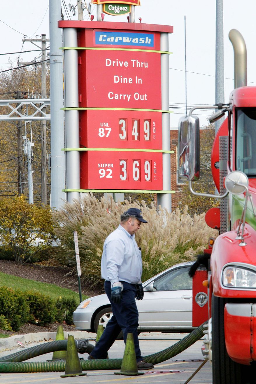 A gasoline tanker makes a delivery at a Sheetz in Altoona, Pa. Oil prices fell to $98.82 per barrel on Thursday, a day after rising to $102. Oil investors are exhibiting uncertainty about events in Europe. (Associated Press)