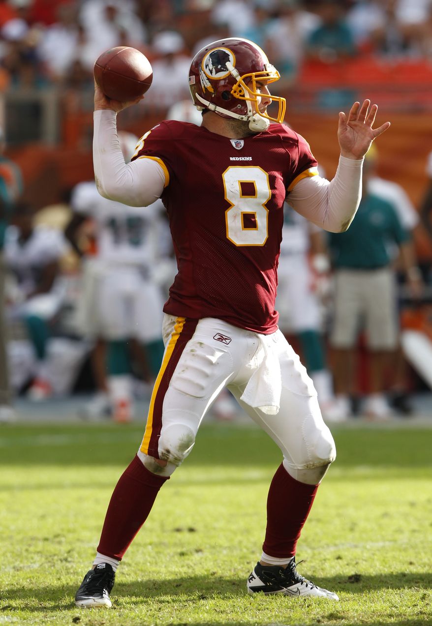 Washington Redskins quarterback Rex Grossman has thrown for 1,347 yards, six touchdowns and 11 interceptions this season, and is being given a second shot at leading the offense. Coaches were happy with his play against the Miami Dolphins last week --- 21 of 32 for 215 yards, no touchdowns --- despite the two picks he threw. Washington will look to snap its five-game losing streak against the Dallas Cowboys on Sunday. (AP Photo/Hans Deryk)