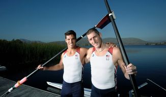 U.S. Olympic rowers Giuseppe Lanzone (left) and Sam Stitt are shown at the Olympic Training Center in Chula Vista, Calif. They are aiming to improve on their performance at the Beijing Olympics in 2008. (Denis Poroy/Special to The Washington Times)