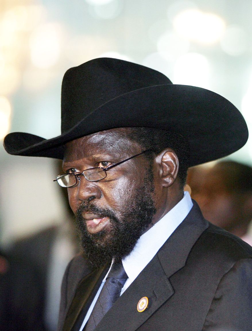 South Sudan's President Salva Kiir, speaks at a joint news conference with President Omar al-Bashir, not seen, at the airport in Khartoum, Sudan, Sunday, Oct. 9, 2011. The president of South Sudan made his first official visit to Khartoum since the south broke away to form an independent country earlier this year. South Sudan became officially independent from the north on July 9, breaking away after more than 50 years of on-and-off war. (AP Photo/Abd Raouf)