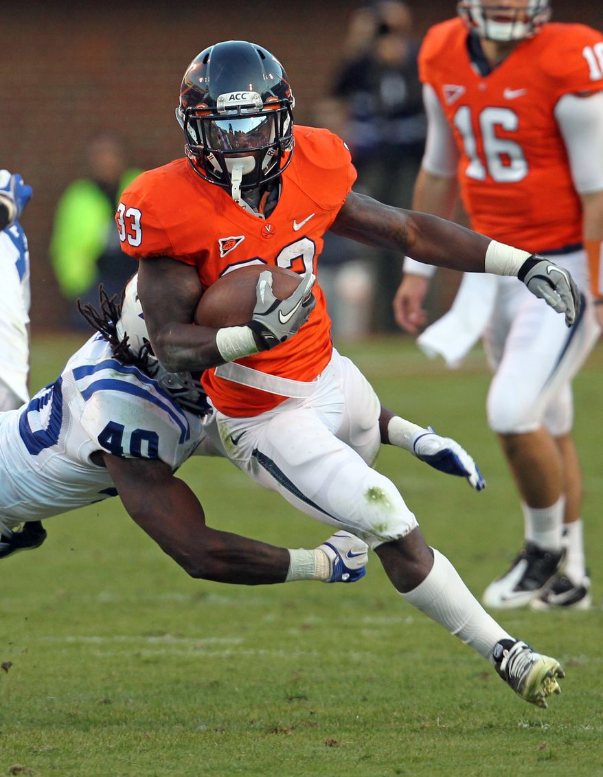 Virginia running back Perry Jones has 883yards and five touchdowns this season on the ground and is also third on the team in receiving with 416 yards and three touchdowns. (AP Photo/Andrew Shurtleff)